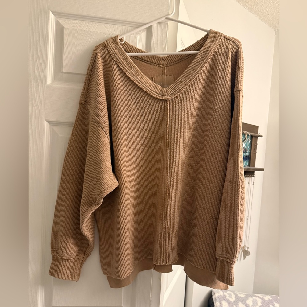 Aerie V-Neck Sweater in Warm Tan